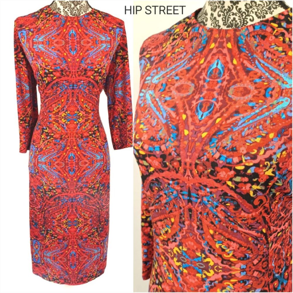 LIZ CLAIBORNE Dress Colorful Boho Medallion Print Stretch Sheath Midi LS 16